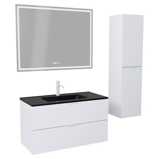 HD Palermo Matt White 100 komplett fürdőszoba bútor szett fali mosdószekrénnyel, matt fehér fogantyúkkal, matt fekete slim mosdóval, tükörrel és magasszekrénnyel