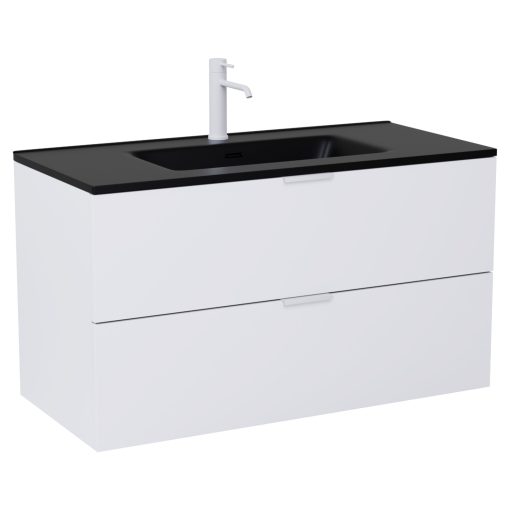 HD Palermo Matt White 100 komplett fürdőszoba bútor szett fali mosdószekrénnyel, matt fehér fogantyúkkal, matt fekete slim mosdóval, tükörrel és magasszekrénnyel