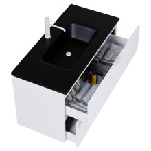 HD Palermo Matt White 100 komplett fürdőszoba bútor szett fali mosdószekrénnyel, matt fehér fogantyúkkal, matt fekete slim mosdóval, tükörrel és magasszekrénnyel