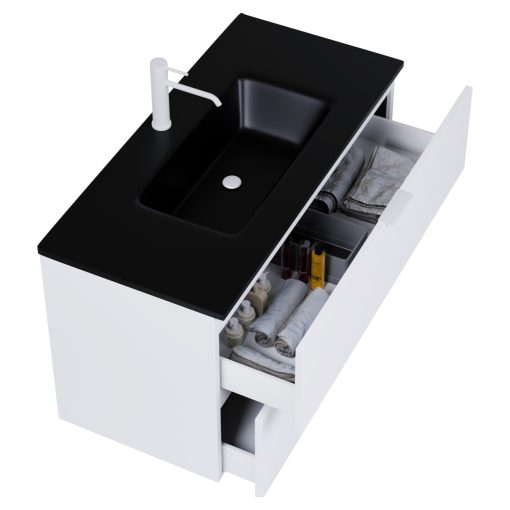 HD Palermo Matt White 100 komplett fürdőszoba bútor szett fali mosdószekrénnyel, matt fehér fogantyúkkal, matt fekete slim mosdóval, tükörrel és magasszekrénnyel