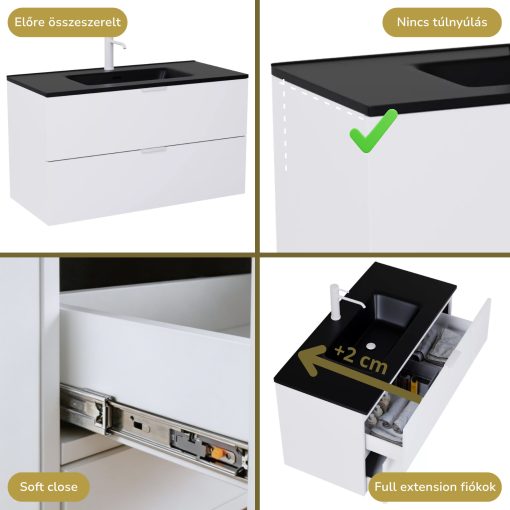 HD Palermo Matt White 100 komplett fürdőszoba bútor szett fali mosdószekrénnyel, matt fehér fogantyúkkal, matt fekete slim mosdóval, tükörrel és magasszekrénnyel