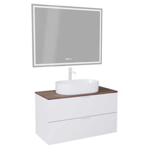 HD Salerno Matt White 100 komplett fürdőszoba bútor fali mosdószekrénnyel, matt fehér fogantyúkkal, tölgyfa színű mosdópulttal és tükörrel
