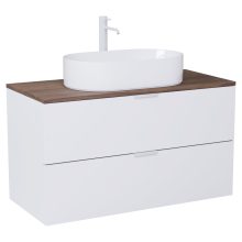 HD Salerno Matt White 100 komplett fürdőszoba bútor szett fali mosdószekrénnyel, matt fehér fogantyúval, tölgyfa színű mosdópulttal, tükörrel és magasszekrénnyel