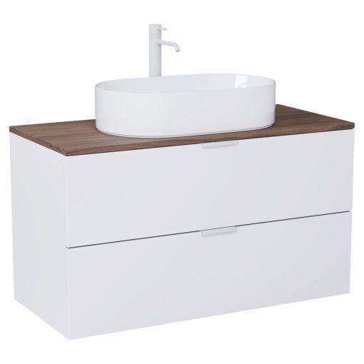 HD Salerno Matt White 100 komplett fürdőszoba bútor szett fali mosdószekrénnyel, matt fehér fogantyúval, tölgyfa színű mosdópulttal, tükörrel és magasszekrénnyel