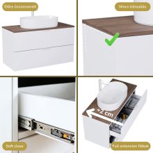 HD Salerno Matt White 100 komplett fürdőszoba bútor szett fali mosdószekrénnyel, matt fehér fogantyúval, tölgyfa színű mosdópulttal, tükörrel és magasszekrénnyel