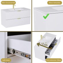 HD Palermo Matt White 100 fali mosdószekrény szálcsiszolt arany fogantyúkkal és fényes fehér slim mosdóval