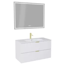 HD Palermo Matt White 100 komplett fürdőszoba bútor fali mosdószekrénnyel, szálcsiszolt arany fogantyúkkal, fényes fehér slim mosdóval és tükörrel