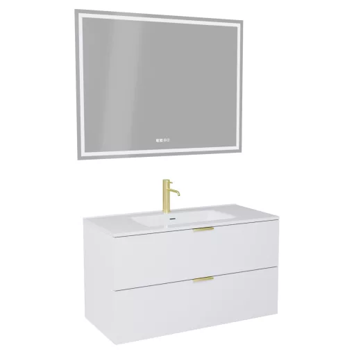 HD Palermo Matt White 100 komplett fürdőszoba bútor fali mosdószekrénnyel, szálcsiszolt arany fogantyúkkal, fényes fehér slim mosdóval és tükörrel