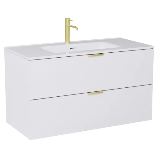 HD Palermo Matt White 100 komplett fürdőszoba bútor fali mosdószekrénnyel, szálcsiszolt arany fogantyúkkal, fényes fehér slim mosdóval és tükörrel