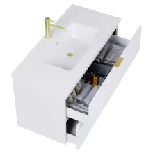 HD Palermo Matt White 100 komplett fürdőszoba bútor fali mosdószekrénnyel, szálcsiszolt arany fogantyúkkal, fényes fehér slim mosdóval és tükörrel