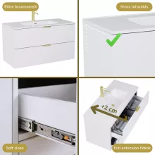 HD Palermo Matt White 100 komplett fürdőszoba bútor fali mosdószekrénnyel, szálcsiszolt arany fogantyúkkal, fényes fehér slim mosdóval és tükörrel