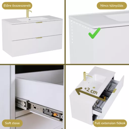 HD Palermo Matt White 100 komplett fürdőszoba bútor fali mosdószekrénnyel, szálcsiszolt arany fogantyúkkal, fényes fehér slim mosdóval és tükörrel