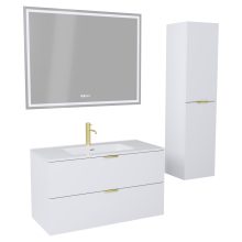 HD Palermo Matt White 100 komplett fürdőszoba bútor szett fali mosdószekrénnyel, szálcsiszolt arany fogantyúkkal, fényes fehér slim mosdóval, tükörrel és magasszekrénnyel