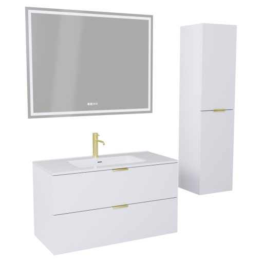 HD Palermo Matt White 100 komplett fürdőszoba bútor szett fali mosdószekrénnyel, szálcsiszolt arany fogantyúkkal, fényes fehér slim mosdóval, tükörrel és magasszekrénnyel