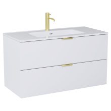 HD Palermo Matt White 100 komplett fürdőszoba bútor szett fali mosdószekrénnyel, szálcsiszolt arany fogantyúkkal, fényes fehér slim mosdóval, tükörrel és magasszekrénnyel