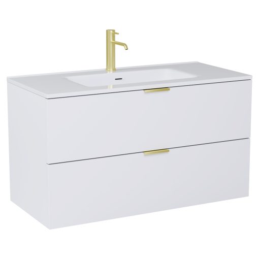 HD Palermo Matt White 100 komplett fürdőszoba bútor szett fali mosdószekrénnyel, szálcsiszolt arany fogantyúkkal, fényes fehér slim mosdóval, tükörrel és magasszekrénnyel