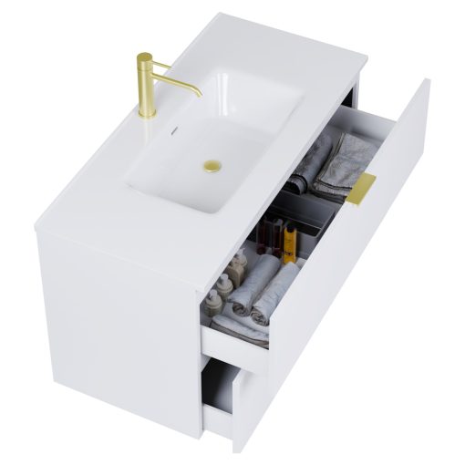 HD Palermo Matt White 100 komplett fürdőszoba bútor szett fali mosdószekrénnyel, szálcsiszolt arany fogantyúkkal, fényes fehér slim mosdóval, tükörrel és magasszekrénnyel