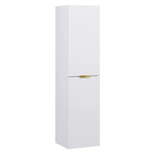 HD Palermo Matt White 100 komplett fürdőszoba bútor szett fali mosdószekrénnyel, szálcsiszolt arany fogantyúkkal, fényes fehér slim mosdóval, tükörrel és magasszekrénnyel