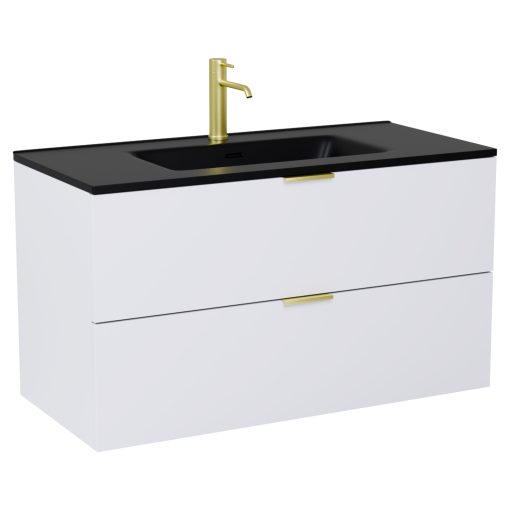 HD Palermo Matt White 100 fali mosdószekrény szálcsiszolt arany fogantyúkkal és matt fekete slim mosdóval