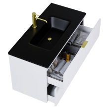 HD Palermo Matt White 100 fali mosdószekrény szálcsiszolt arany fogantyúkkal és matt fekete slim mosdóval