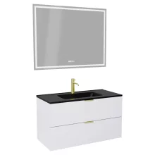 HD Palermo Matt White 100 komplett fürdőszoba bútor fali mosdószekrénnyel, szálcsiszolt arany fogantyúkkal, matt fekete slim mosdóval és tükörrel