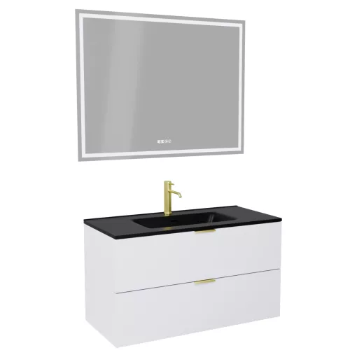 HD Palermo Matt White 100 komplett fürdőszoba bútor fali mosdószekrénnyel, szálcsiszolt arany fogantyúkkal, matt fekete slim mosdóval és tükörrel