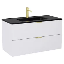 HD Palermo Matt White 100 komplett fürdőszoba bútor fali mosdószekrénnyel, szálcsiszolt arany fogantyúkkal, matt fekete slim mosdóval és tükörrel