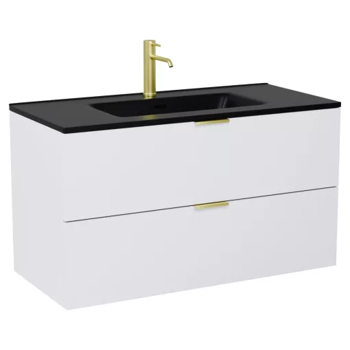 HD Palermo Matt White 100 komplett fürdőszoba bútor fali mosdószekrénnyel, szálcsiszolt arany fogantyúkkal, matt fekete slim mosdóval és tükörrel