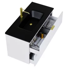 HD Palermo Matt White 100 komplett fürdőszoba bútor fali mosdószekrénnyel, szálcsiszolt arany fogantyúkkal, matt fekete slim mosdóval és tükörrel