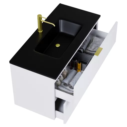 HD Palermo Matt White 100 komplett fürdőszoba bútor fali mosdószekrénnyel, szálcsiszolt arany fogantyúkkal, matt fekete slim mosdóval és tükörrel