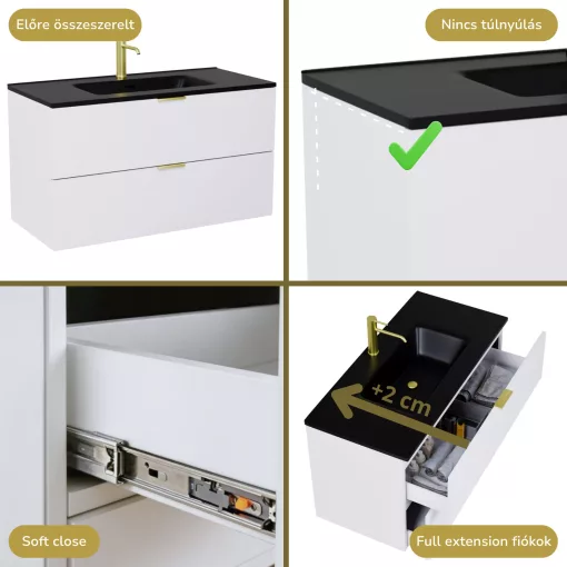 HD Palermo Matt White 100 komplett fürdőszoba bútor fali mosdószekrénnyel, szálcsiszolt arany fogantyúkkal, matt fekete slim mosdóval és tükörrel