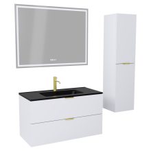 HD Palermo Matt White 100 komplett fürdőszoba bútor szett fali mosdószekrénnyel, szálcsiszolt arany fogantyúkkal, matt fekete slim mosdóval, tükörrel és magasszekrénnyel