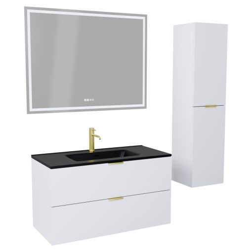 HD Palermo Matt White 100 komplett fürdőszoba bútor szett fali mosdószekrénnyel, szálcsiszolt arany fogantyúkkal, matt fekete slim mosdóval, tükörrel és magasszekrénnyel