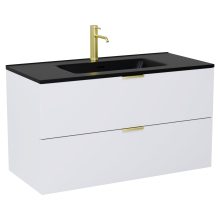 HD Palermo Matt White 100 komplett fürdőszoba bútor szett fali mosdószekrénnyel, szálcsiszolt arany fogantyúkkal, matt fekete slim mosdóval, tükörrel és magasszekrénnyel