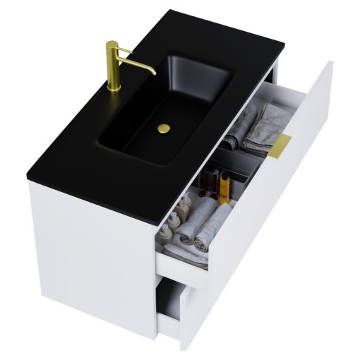 HD Palermo Matt White 100 komplett fürdőszoba bútor szett fali mosdószekrénnyel, szálcsiszolt arany fogantyúkkal, matt fekete slim mosdóval, tükörrel és magasszekrénnyel