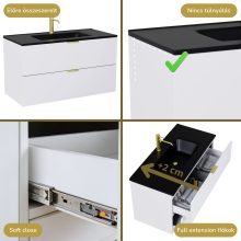 HD Palermo Matt White 100 komplett fürdőszoba bútor szett fali mosdószekrénnyel, szálcsiszolt arany fogantyúkkal, matt fekete slim mosdóval, tükörrel és magasszekrénnyel