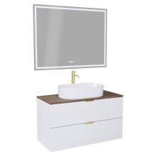 HD Salerno Matt White 100 komplett fürdőszoba bútor fali mosdószekrénnyel, szálcsiszolt arany fogantyúkkal, tölgyfa színű mosdópulttal és tükörrel