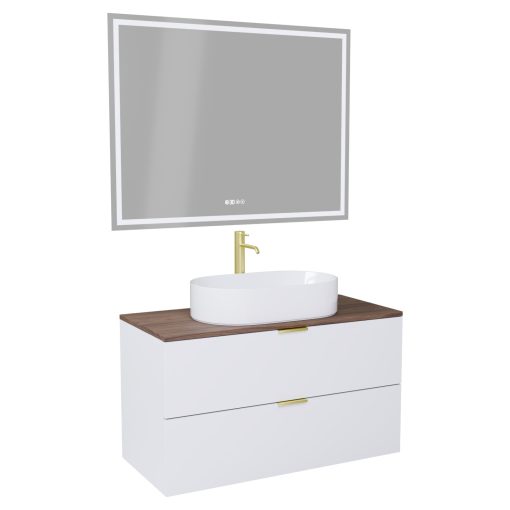 HD Salerno Matt White 100 komplett fürdőszoba bútor fali mosdószekrénnyel, szálcsiszolt arany fogantyúkkal, tölgyfa színű mosdópulttal és tükörrel