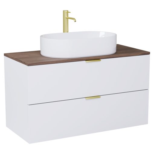 HD Salerno Matt White 100 komplett fürdőszoba bútor fali mosdószekrénnyel, szálcsiszolt arany fogantyúkkal, tölgyfa színű mosdópulttal és tükörrel