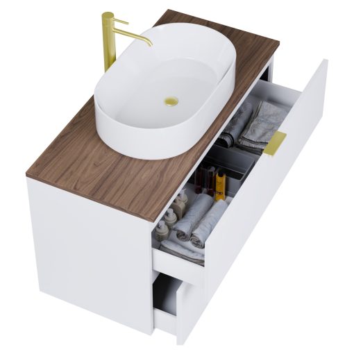 HD Salerno Matt White 100 komplett fürdőszoba bútor fali mosdószekrénnyel, szálcsiszolt arany fogantyúkkal, tölgyfa színű mosdópulttal és tükörrel