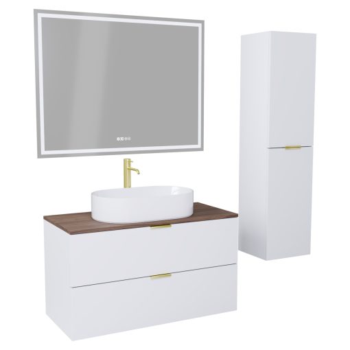 HD Salerno Matt White 100 komplett fürdőszoba bútor szett fali mosdószekrénnyel, szálcsiszolt arany fogantyúval, tölgyfa színű mosdópulttal, tükörrel és magasszekrénnyel