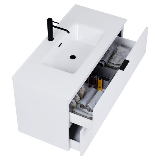 HD Palermo Matt White 100 fali mosdószekrény matt fekete fogantyúkkal és fényes fehér slim mosdóval