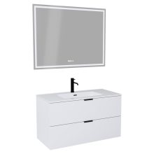 HD Palermo Matt White 100 komplett fürdőszoba bútor fali mosdószekrénnyel, matt fekete fogantyúkkal, fényes fehér slim mosdóval és tükörrel