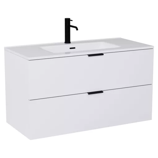 HD Palermo Matt White 100 komplett fürdőszoba bútor fali mosdószekrénnyel, matt fekete fogantyúkkal, fényes fehér slim mosdóval és tükörrel