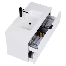 HD Palermo Matt White 100 komplett fürdőszoba bútor fali mosdószekrénnyel, matt fekete fogantyúkkal, fényes fehér slim mosdóval és tükörrel