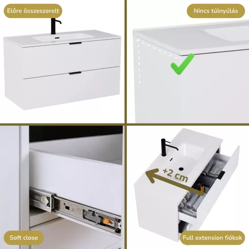 HD Palermo Matt White 100 komplett fürdőszoba bútor fali mosdószekrénnyel, matt fekete fogantyúkkal, fényes fehér slim mosdóval és tükörrel