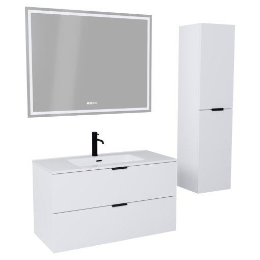 HD Palermo Matt White 100 komplett fürdőszoba bútor szett fali mosdószekrénnyel, matt fekete fogantyúkkal, fényes fehér slim mosdóval, tükörrel és magasszekrénnyel