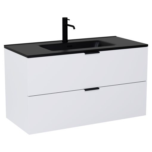 HD Palermo Matt White 100 fali mosdószekrény matt fekete fogantyúkkal és matt fekete slim mosdóval