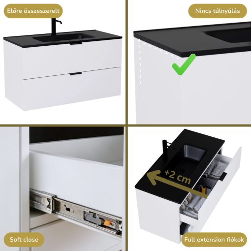 HD Palermo Matt White 100 fali mosdószekrény matt fekete fogantyúkkal és matt fekete slim mosdóval