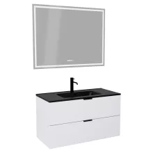 HD Palermo Matt White 100 komplett fürdőszoba bútor fali mosdószekrénnyel, matt fekete fogantyúkkal, matt fekete slim mosdóval és tükörrel